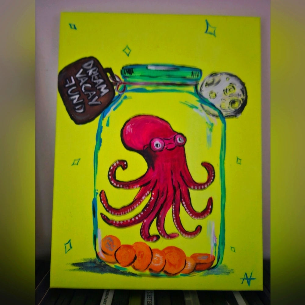 9"x12" acrylic painting. Original art by me. Octopus dream vacation moon